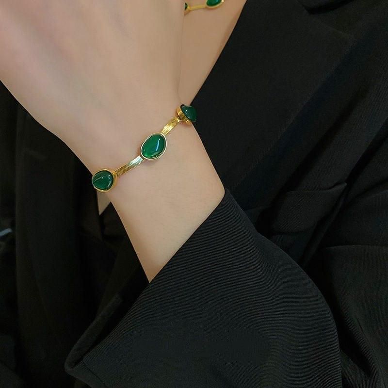 Emerald Glow™ Oval Green Stainless Crystal Pendant Necklace & Bracelet Set- Gold-Plated Elegance!!!