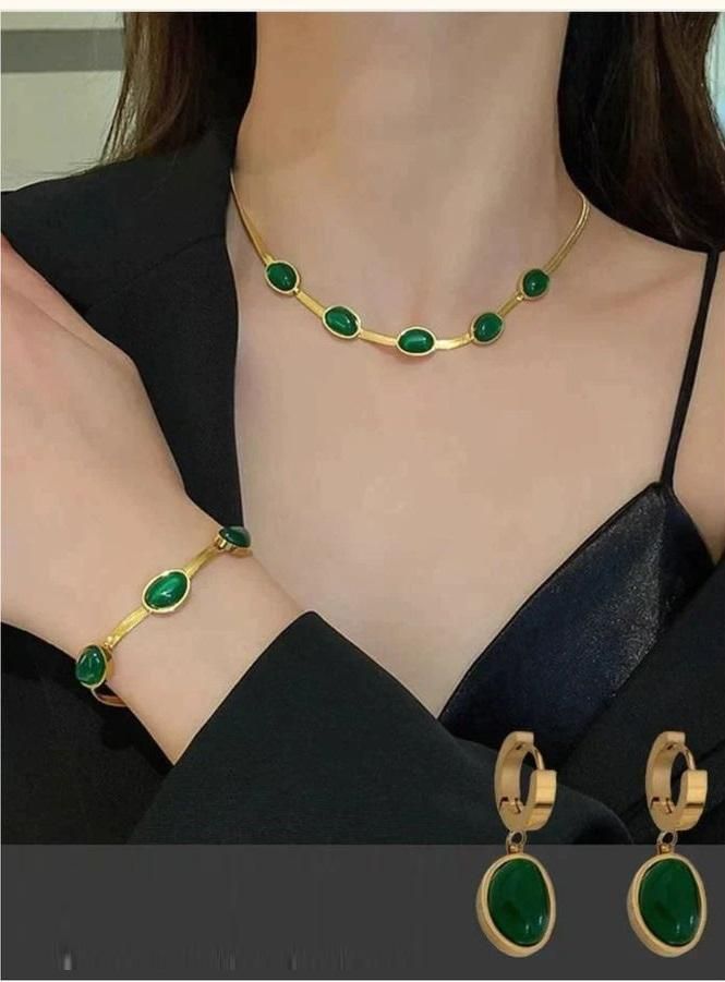 Emerald Glow™ Oval Green Stainless Crystal Pendant Necklace & Bracelet Set- Gold-Plated Elegance!!!