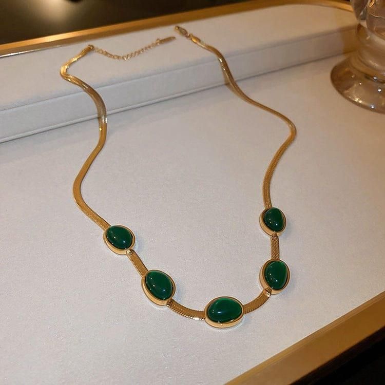 Emerald Glow™ Oval Green Stainless Crystal Pendant Necklace & Bracelet Set- Gold-Plated Elegance!!!