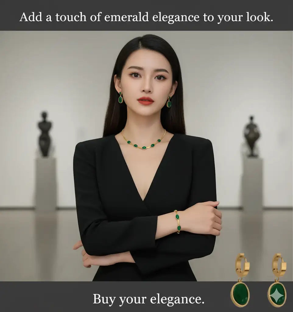 Emerald Glow™ Oval Green Stainless Crystal Pendant Necklace & Bracelet Set- Gold-Plated Elegance!!!